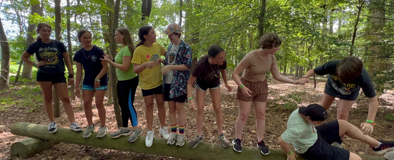 kids standing on a log