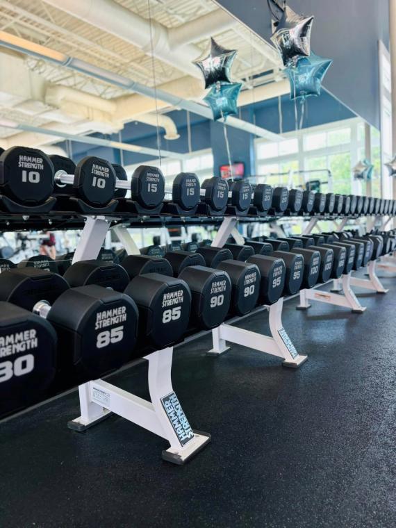 Hammer Strength dumbbells on the rack.