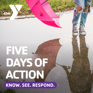 Child holding umbrella with text saying Five Days Of Action.