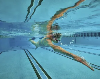 Person swimming in a pool lane.