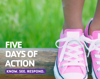 Children's shoes with text saying Five Days Of Action.