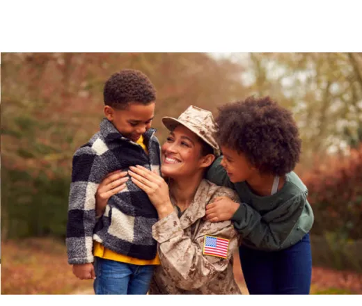 Military mom hugging kids