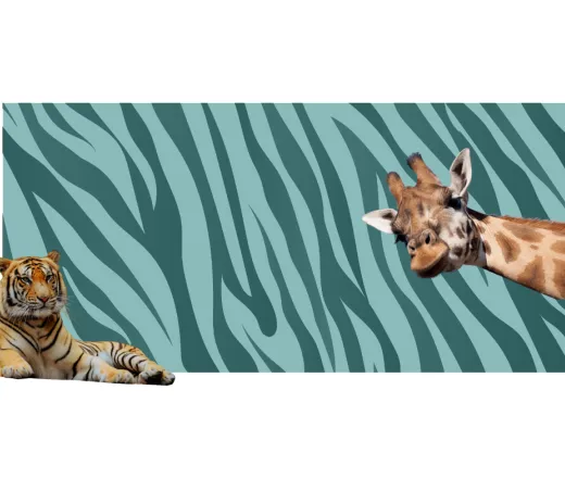 image of a giraffe and a lion on a zebra print background